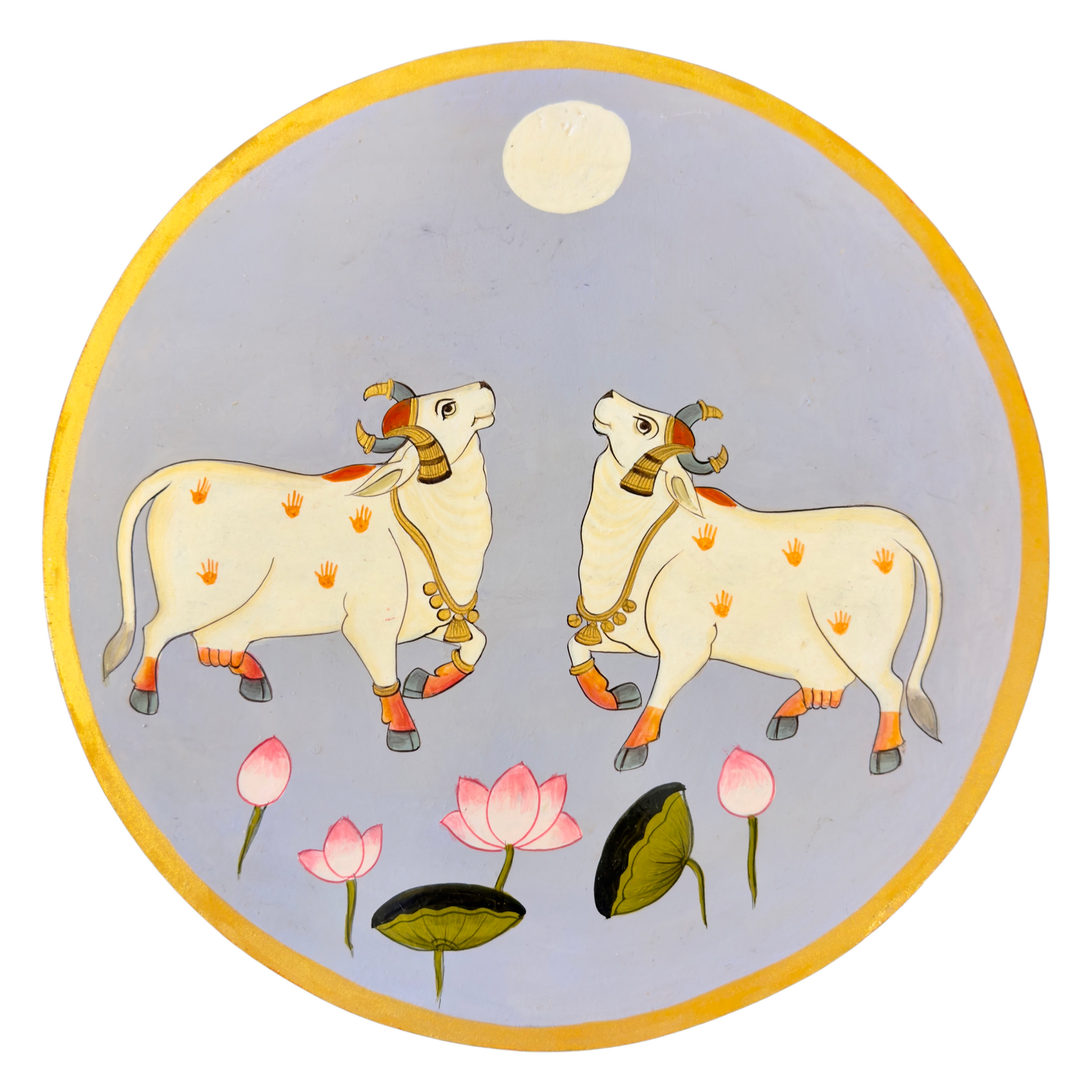 Full Moon Night Kamdhenu Cow Hand Painted Wooden Wall Plate - Nakhrro