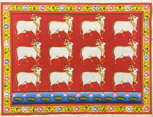 Red Kamdhenu Cow Contemporary Pichwai Antique Finish