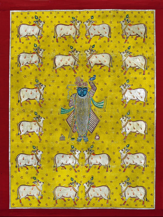 Yellow Shrinath Ji With Cows Pichwai - Nakhrro