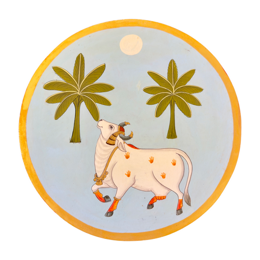 Pastel Blue Kamdhenu Cow Hand Painted Wooden Wall Plate - Nakhrro