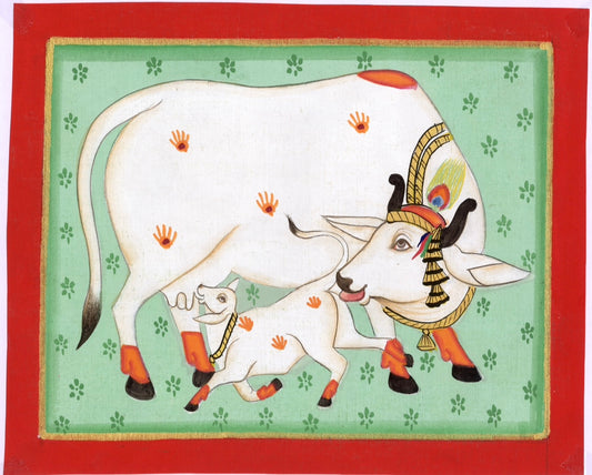 Aqua Green Kamdhenu Cow With Calf Nandini - Nakhrro