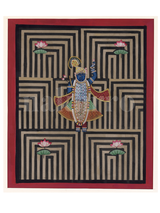 Black Geometrical Shrinath Ji Around Lotus Contemporary Geometric Pichwai