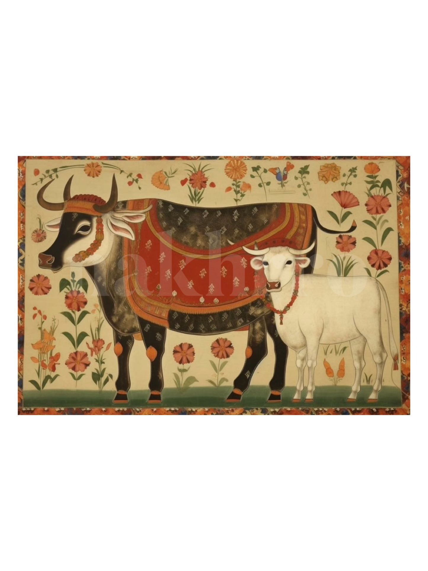 Kamdhenu Cow & Calf Around Mughal Florals