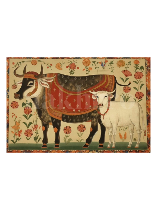 Kamdhenu Cow & Calf Around Mughal Florals