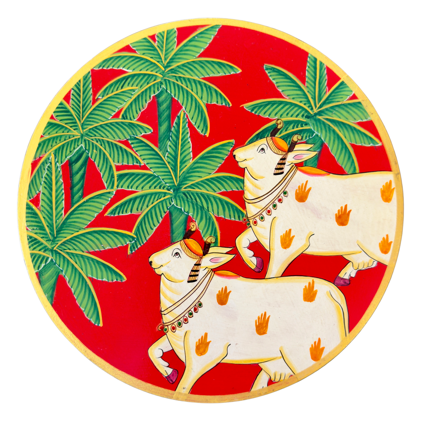 Red Kamdhenu Cow Hand Painted Wooden Wall Plate - Nakhrro