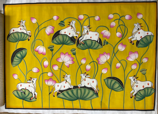 Cows Of Pichwai On Lotus Kamal Talai Yellow Contemporary Pichwai