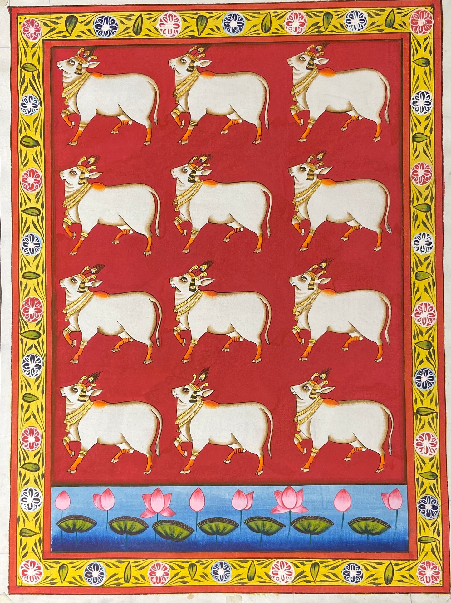 Red Kamdhenu Cow Contemporary  Pichwai Antique Finish