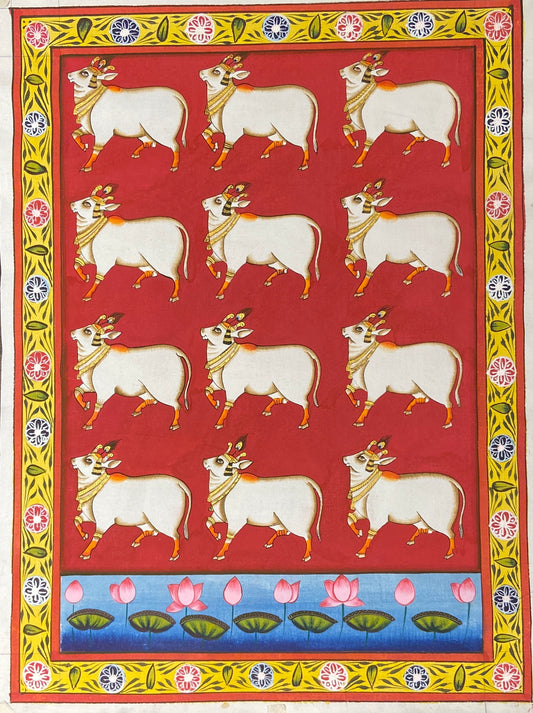 Red Kamdhenu Cow Contemporary  Pichwai Antique Finish