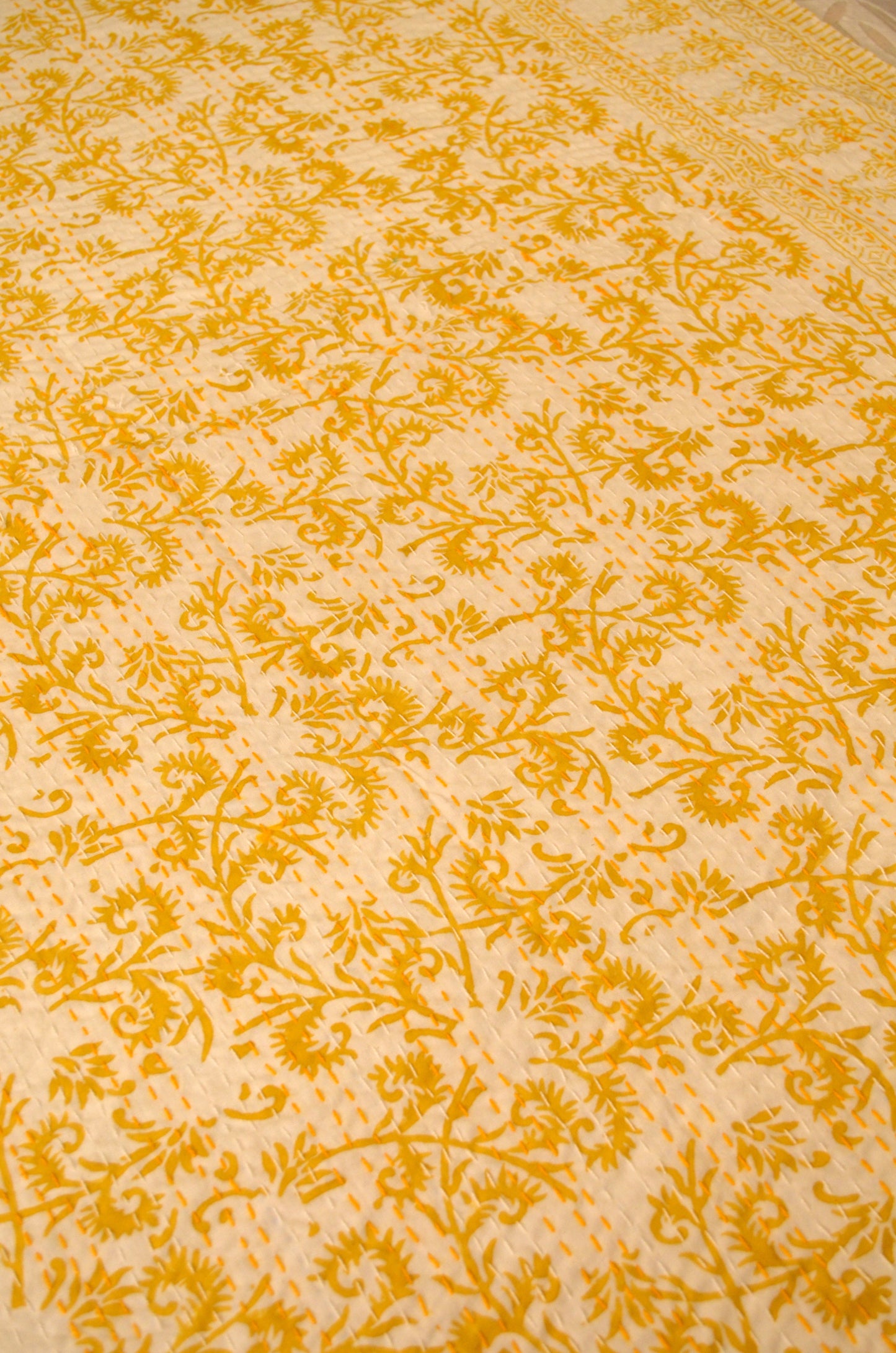 Yellow Floral Hand Block Double Bed Queen Hand Embroidered Bedspread/ Dohar