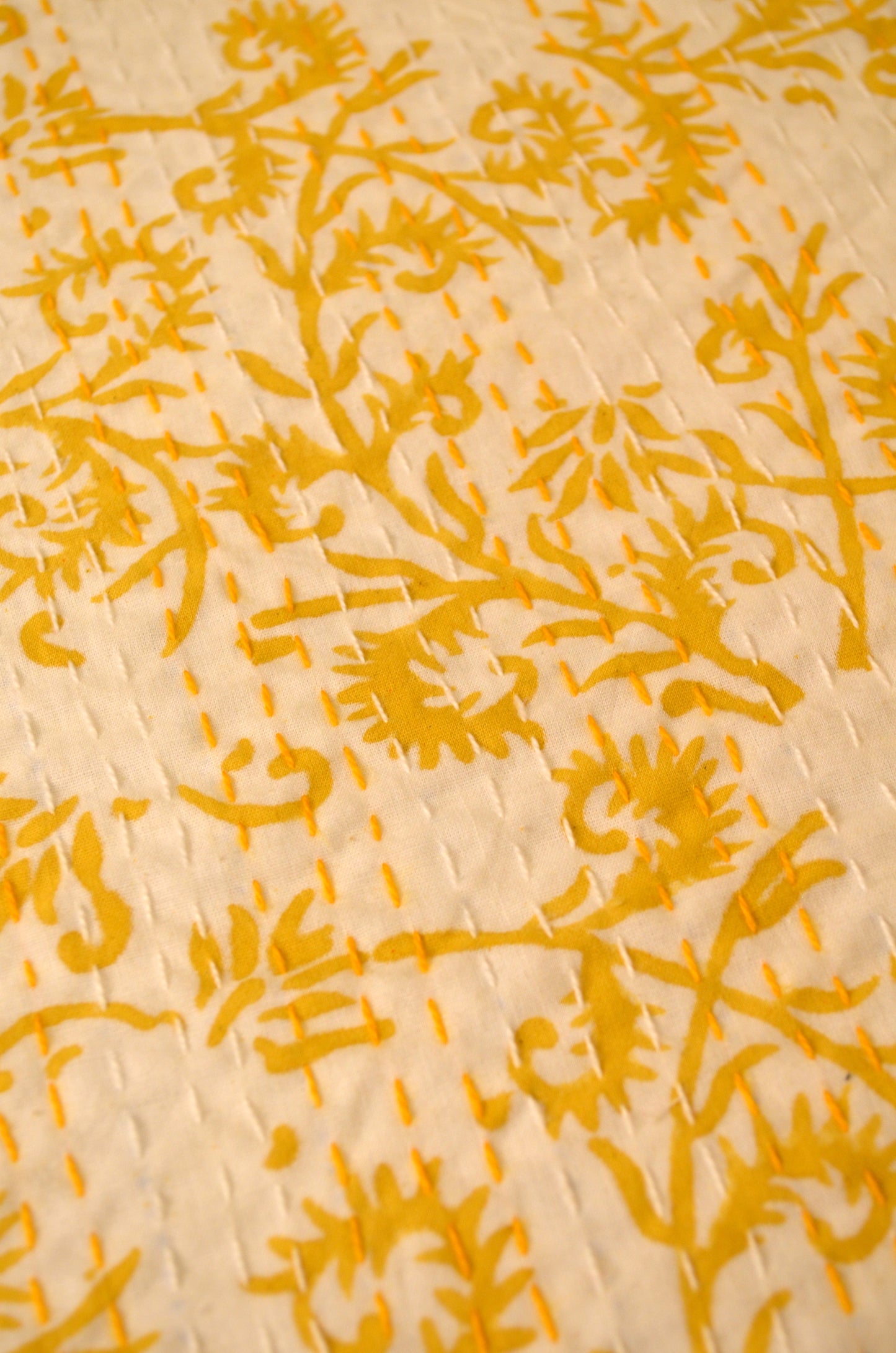 Yellow Floral Hand Block Double Bed Queen Hand Embroidered Bedspread/ Dohar
