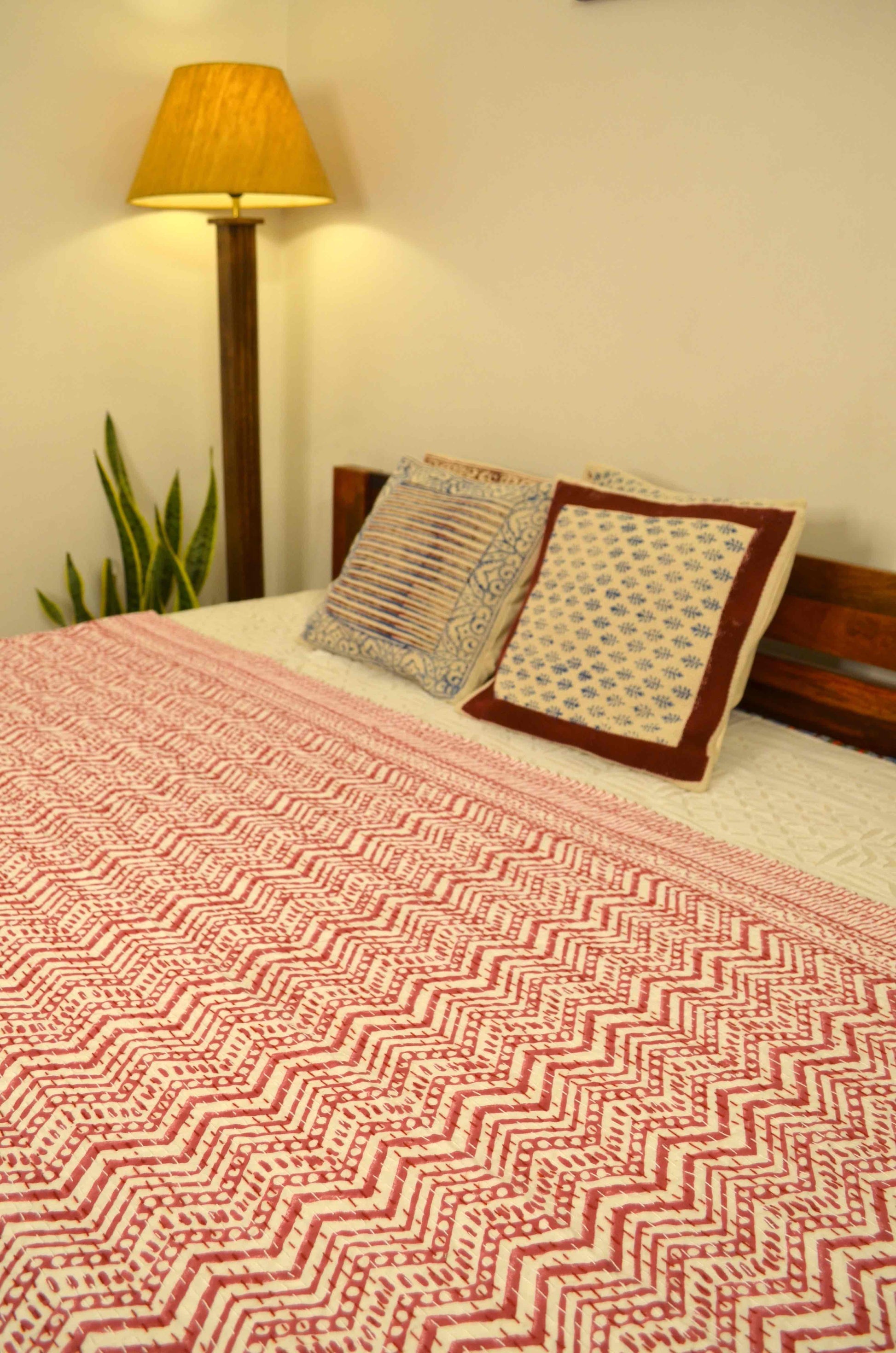 Magenta Chevron Double Bed Queen Hand Embroidered Bedspread/ Dohar - Nakhrro