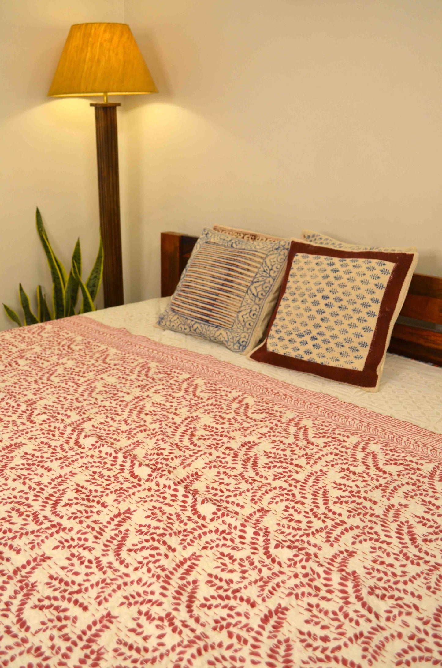 Magenta Leaf Double Bed Queen Hand Embroidered Bedspread/ Dohar - Nakhrro