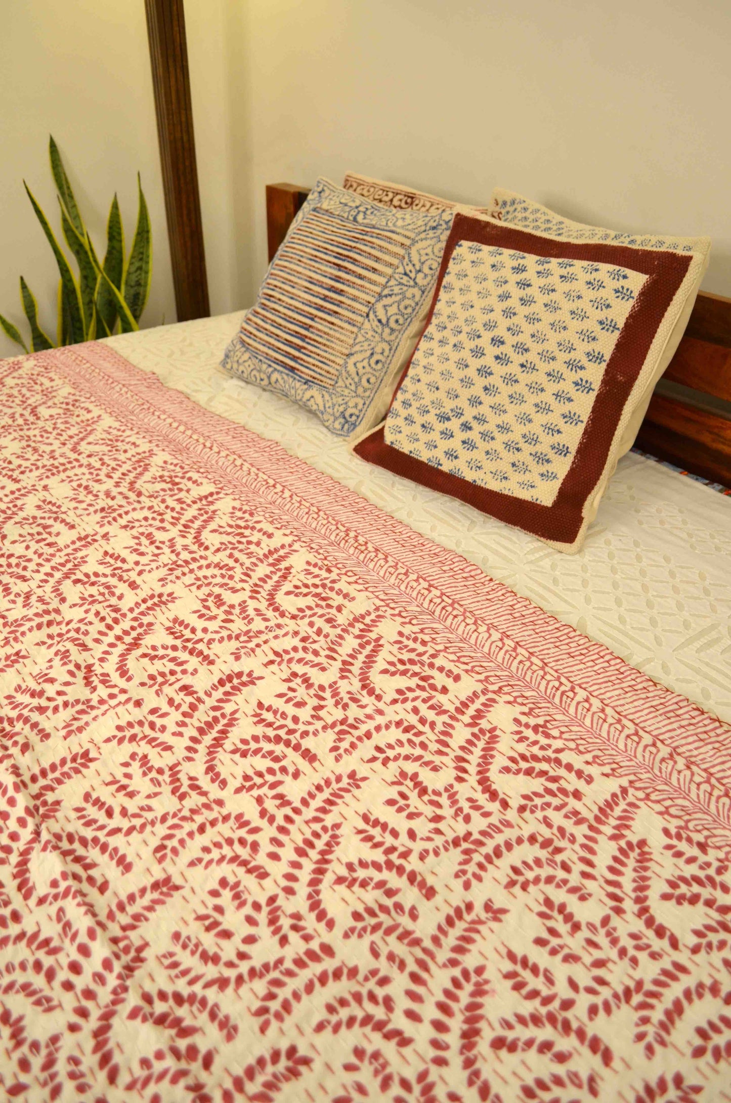 Magenta Leaf Double Bed Queen Hand Embroidered Bedspread/ Dohar - Nakhrro