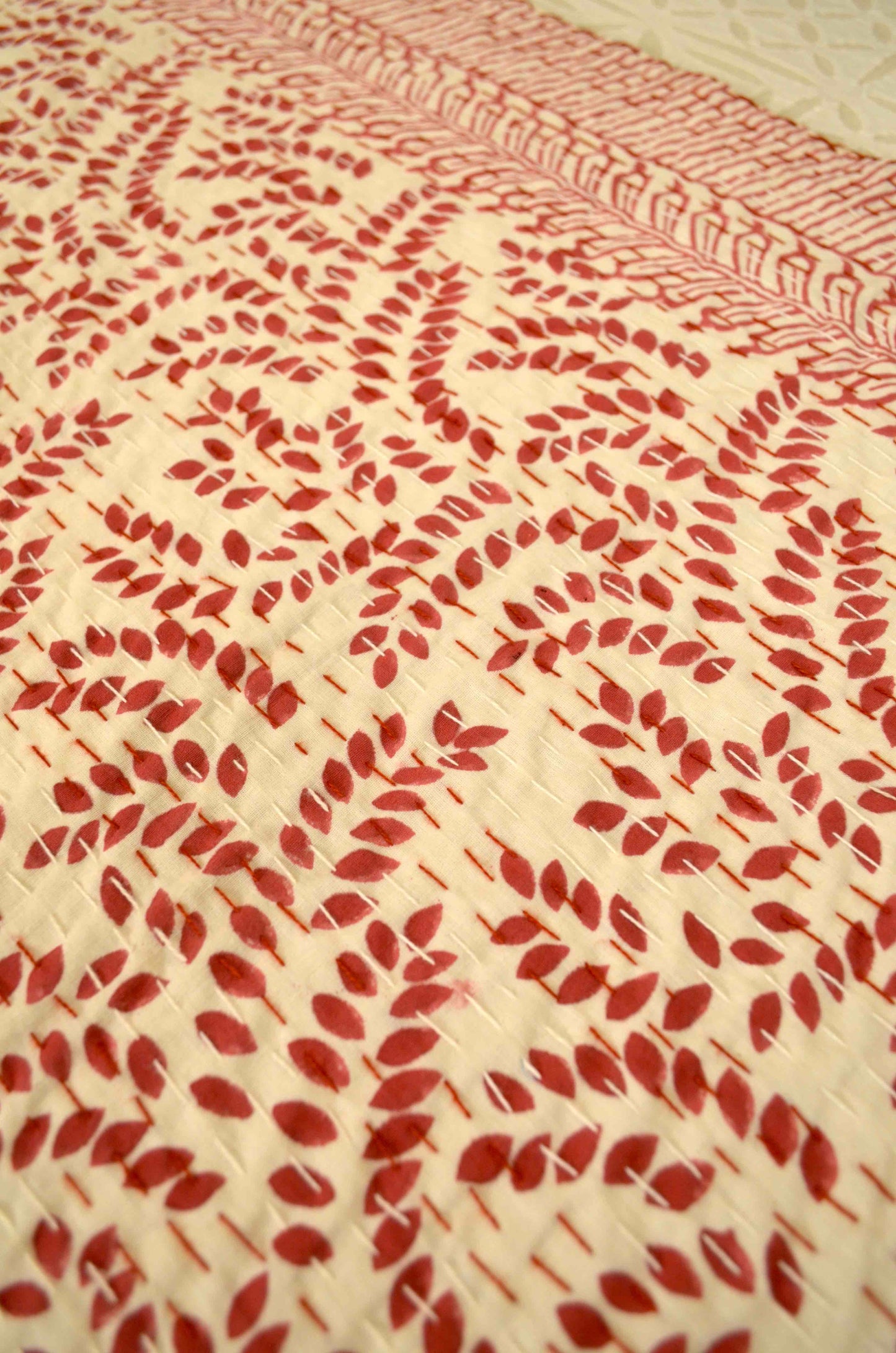 Magenta Leaf Double Bed Queen Hand Embroidered Bedspread/ Dohar - Nakhrro