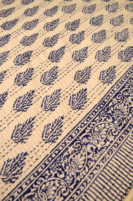 Indigo Leaf Motifs Single Bed Queen Hand Embroidered Dohar