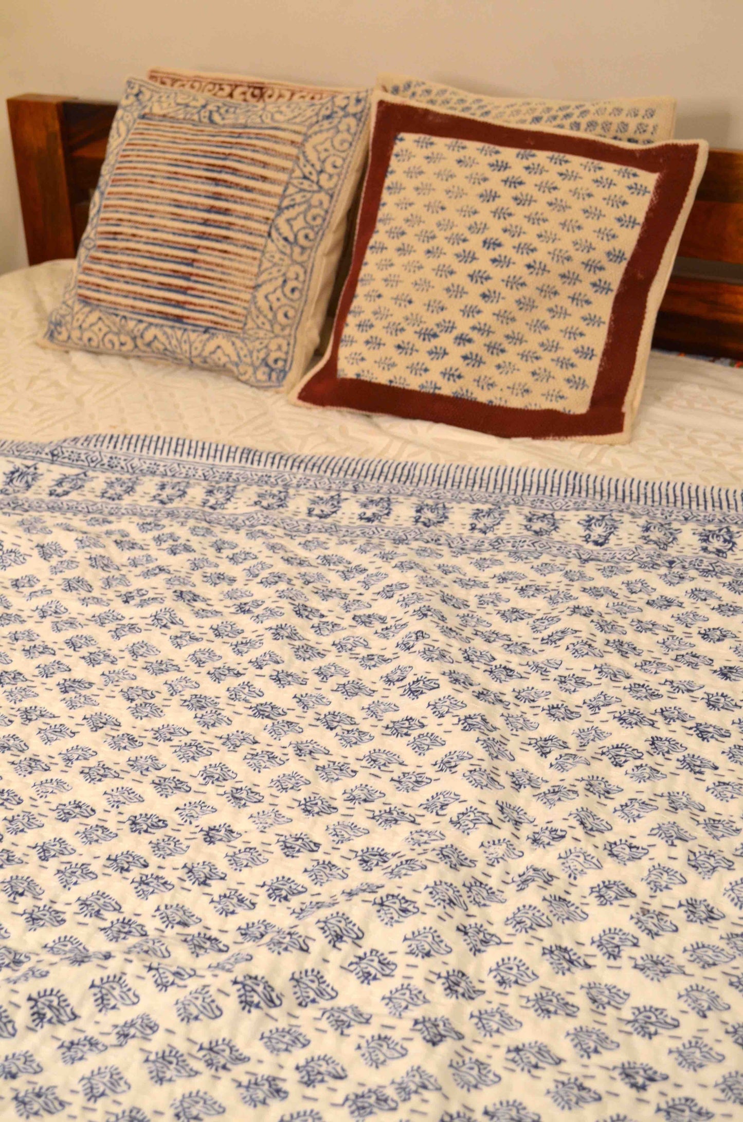 Indigo Motifs Single Bed Queen Hand Embroidered Dohar
