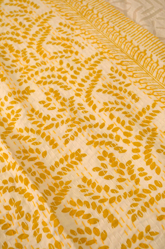 Yellow Floral Single Bed Queen Hand Embroidered Dohar
