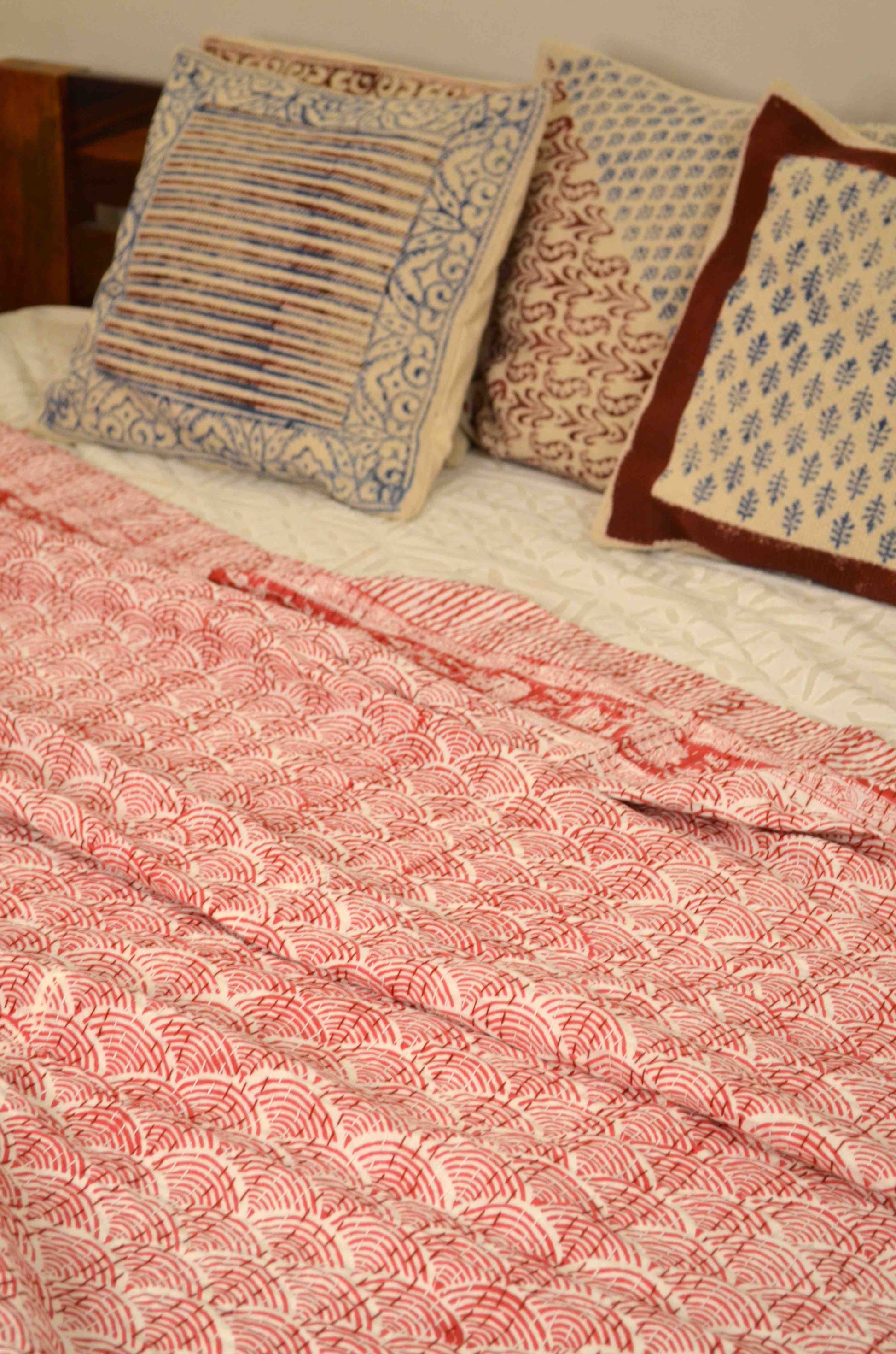 Magenta Waves Hand Embroidered Block Print Queen Size Kantha Bedspread - Nakhrro