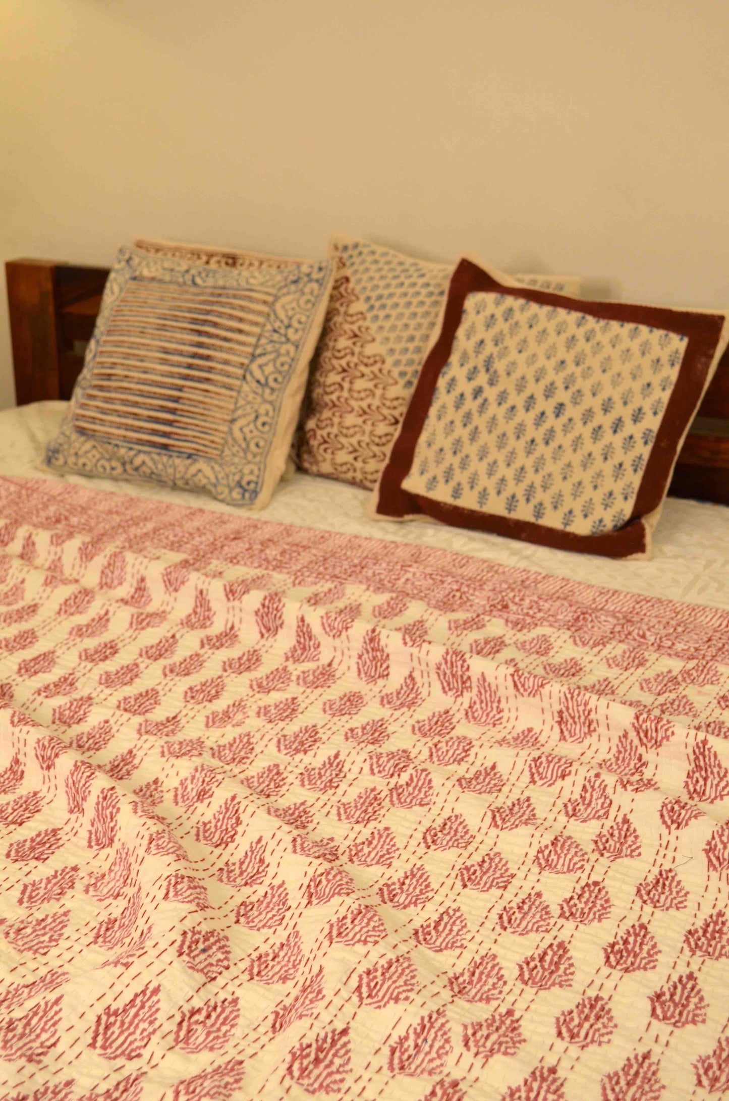 Magenta Leaf Hand Embroidered Block Print Queen Size Kantha Bedspread