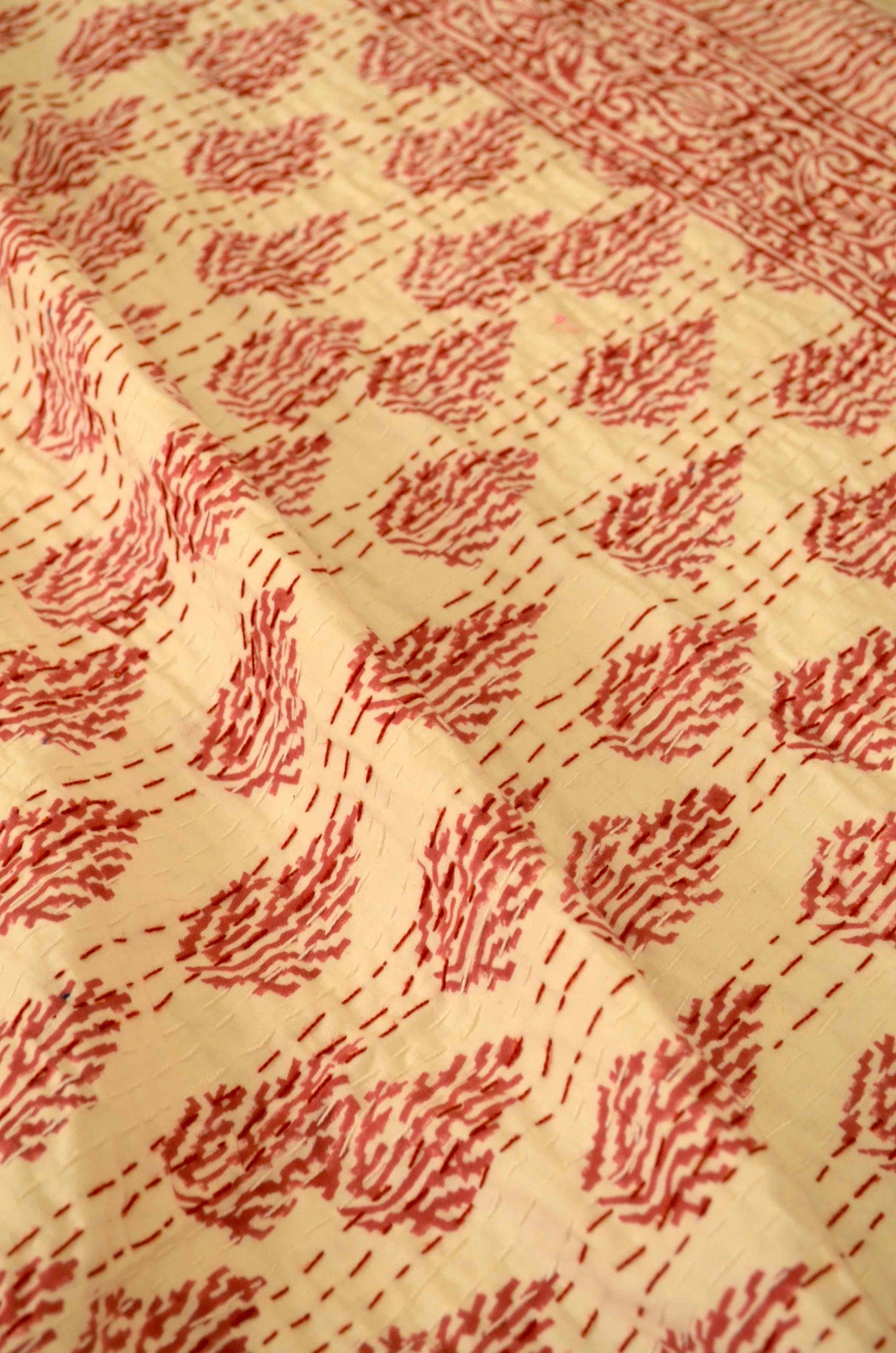 Magenta Leaf Hand Embroidered Block Print Queen Size Kantha Bedspread
