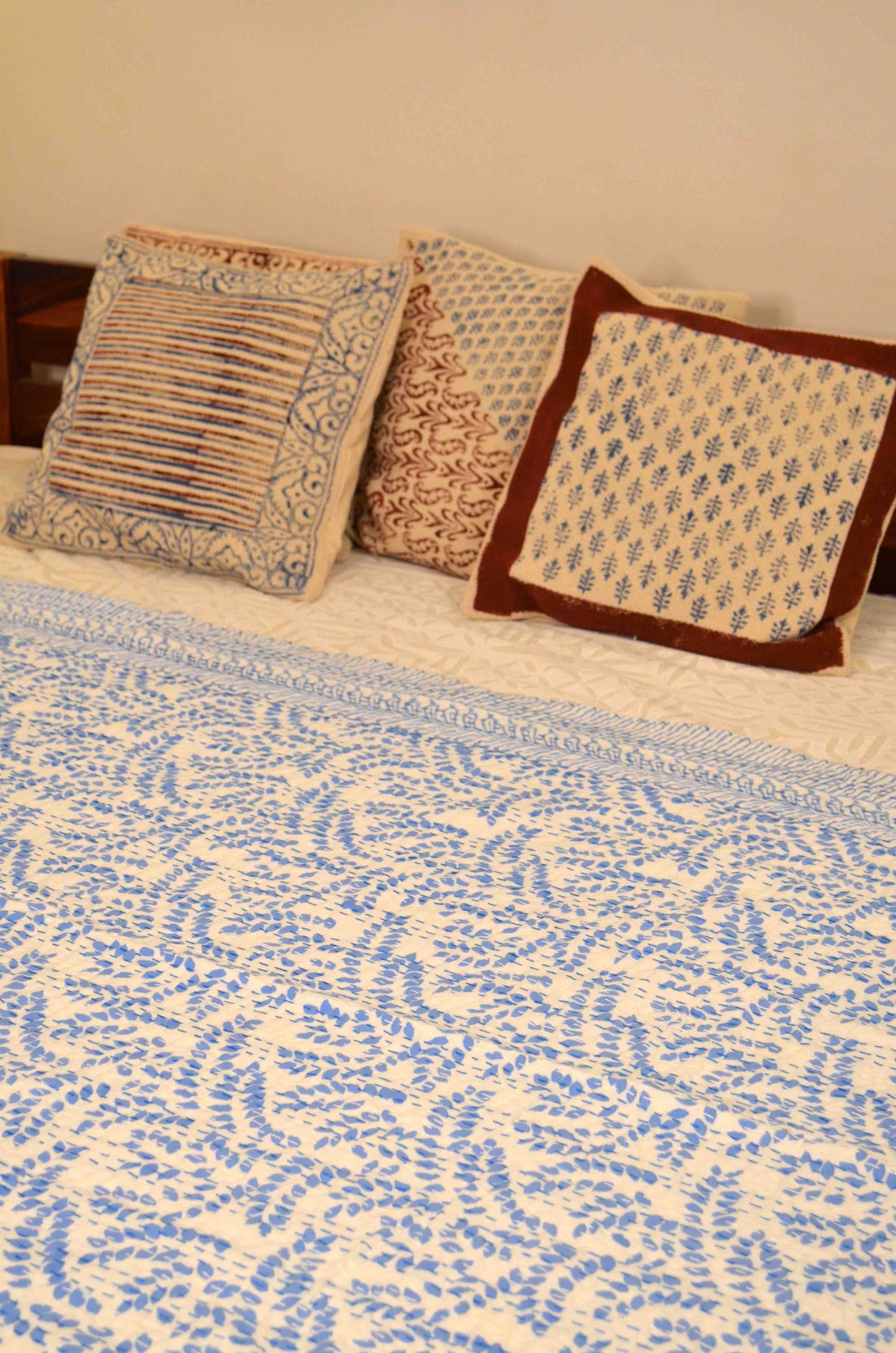 Blue Floral Double Bed Queen Hand Embroidered Bedspread/ Dohar
