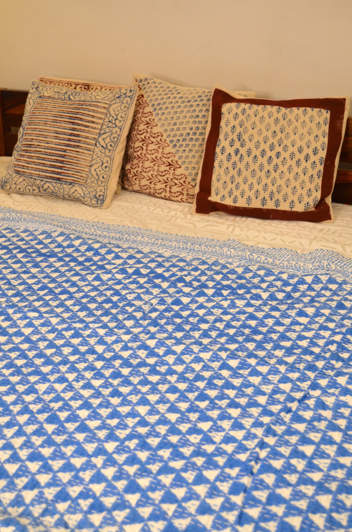 Blue Triangle Geometric Double Bed Queen Hand Embroidered Bedspread/ Dohar