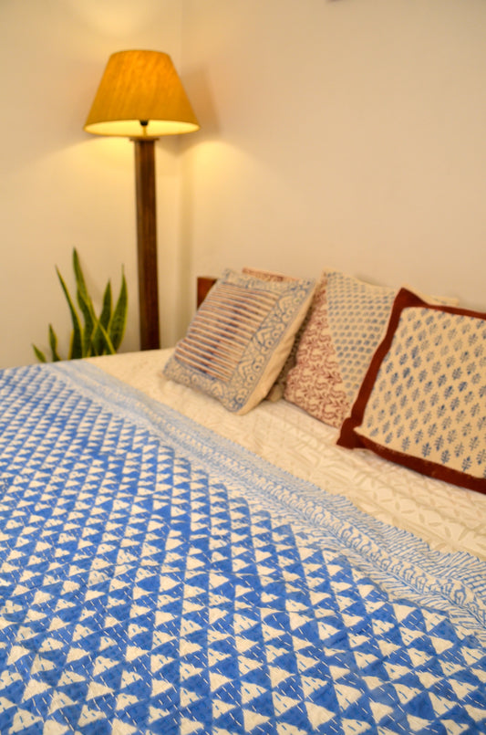 Blue Triangle Geometric Double Bed Queen Hand Embroidered Bedspread/ Dohar