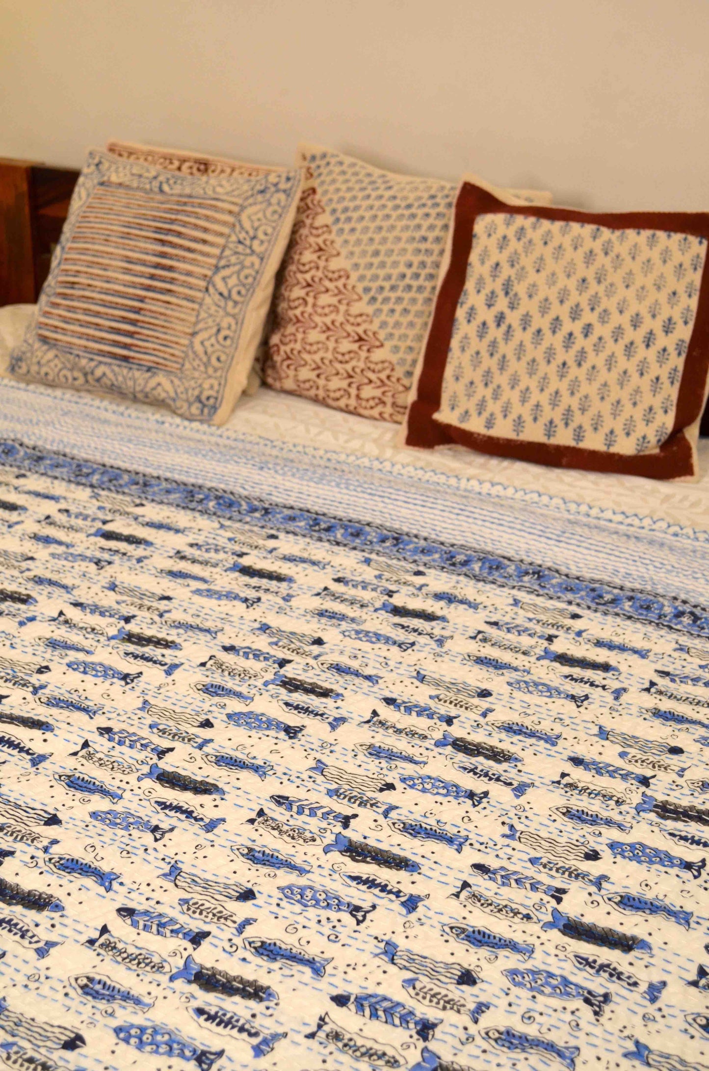 Blue Fishes Hand Block Print Double Bed Queen Hand Embroidered Bedspread/ Dohar