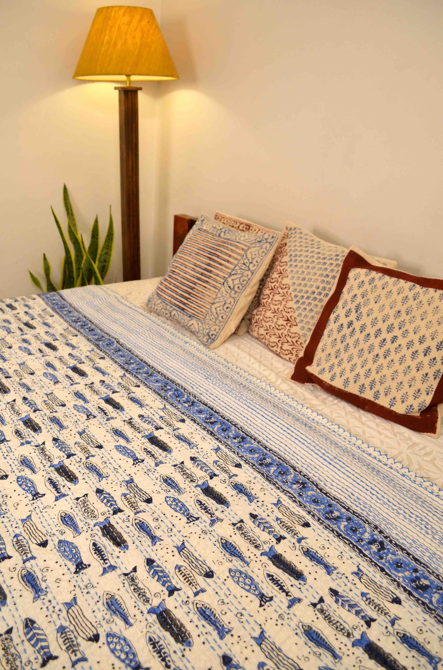 Blue Fishes Hand Block Print Double Bed Queen Hand Embroidered Bedspread/ Dohar