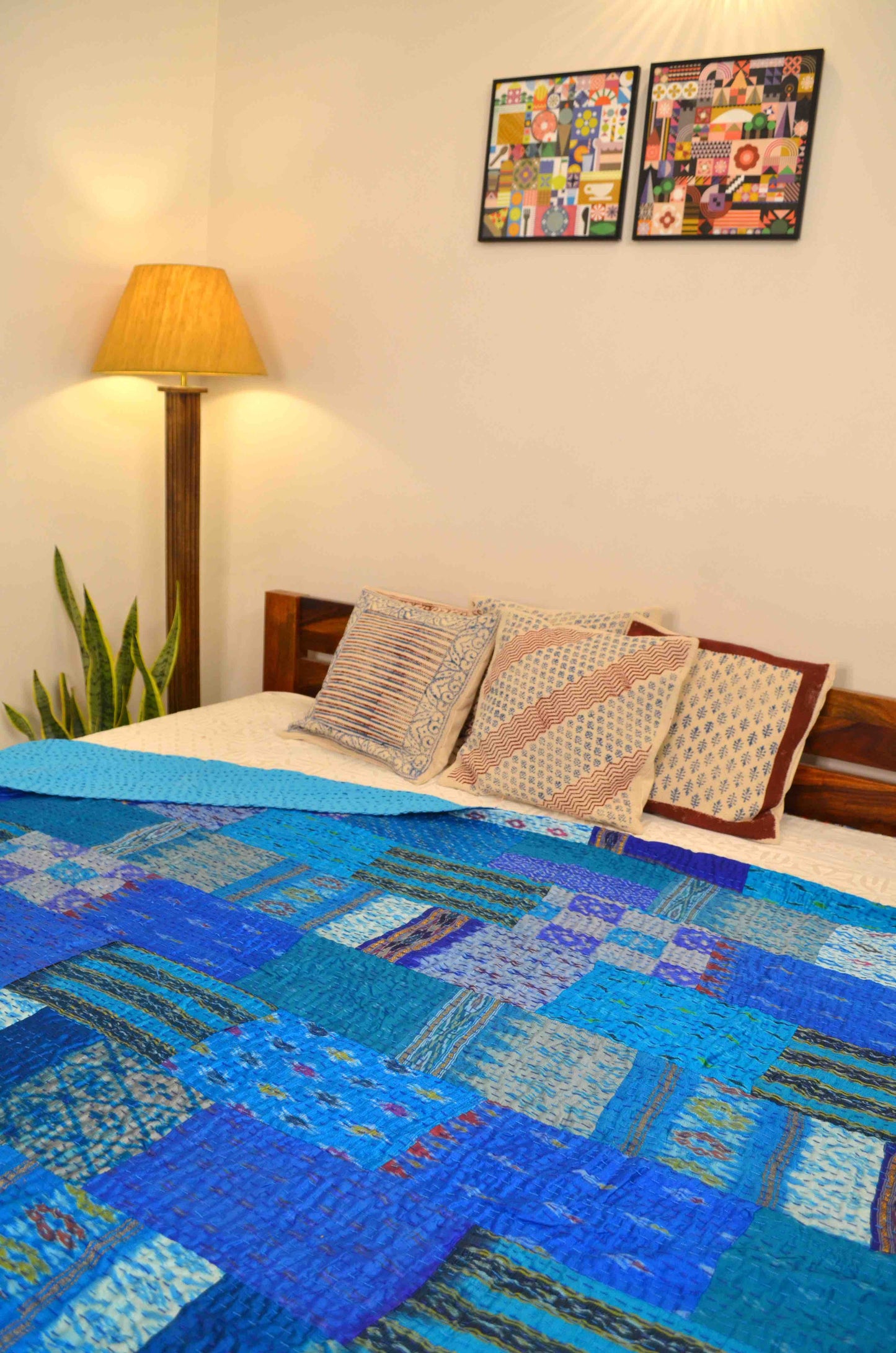 Turquoise Blue Patchwork Hand Embroidered Silk Bedspread