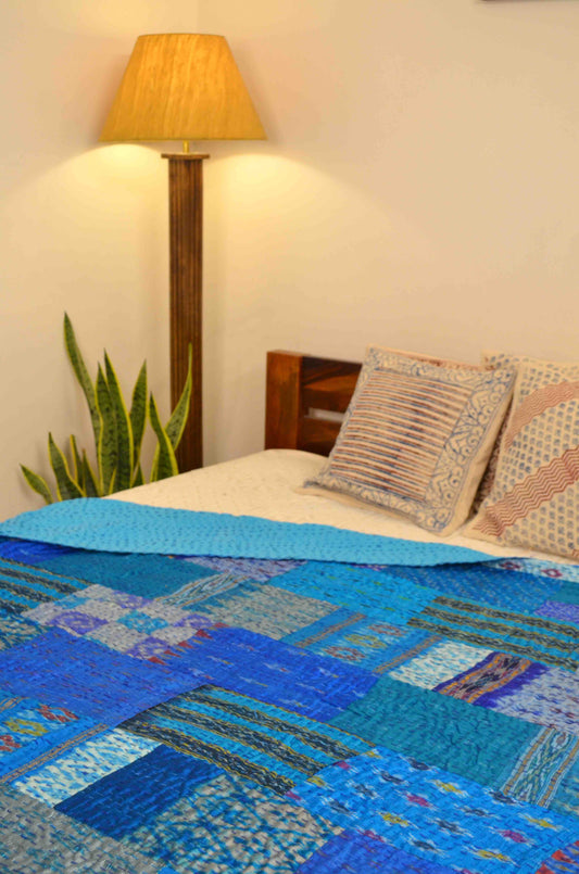 Turquoise Blue Patchwork Hand Embroidered Silk Bedspread