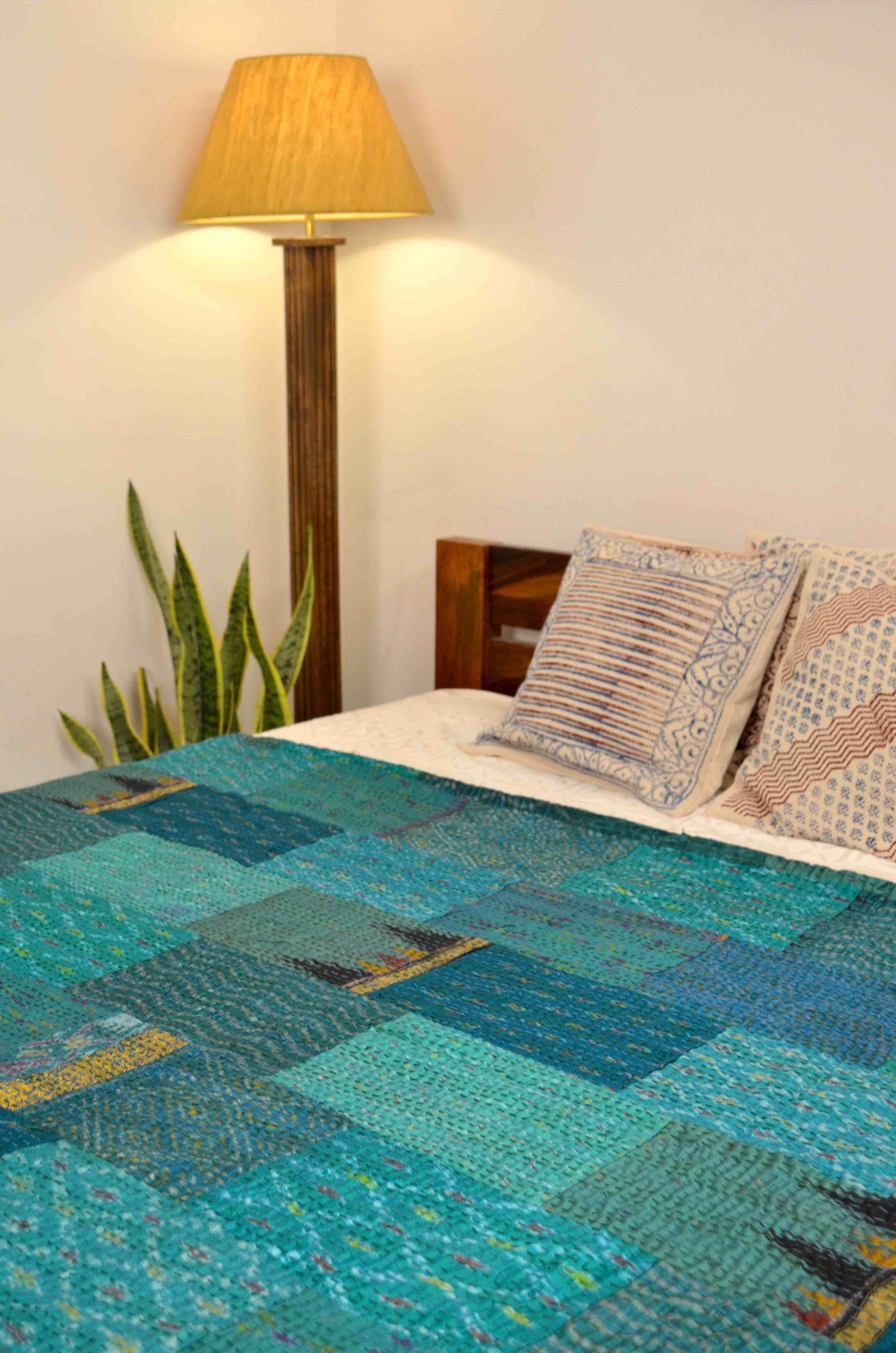 Shades Of Teal Patchwork Hand Embroidered Silk Bedspread