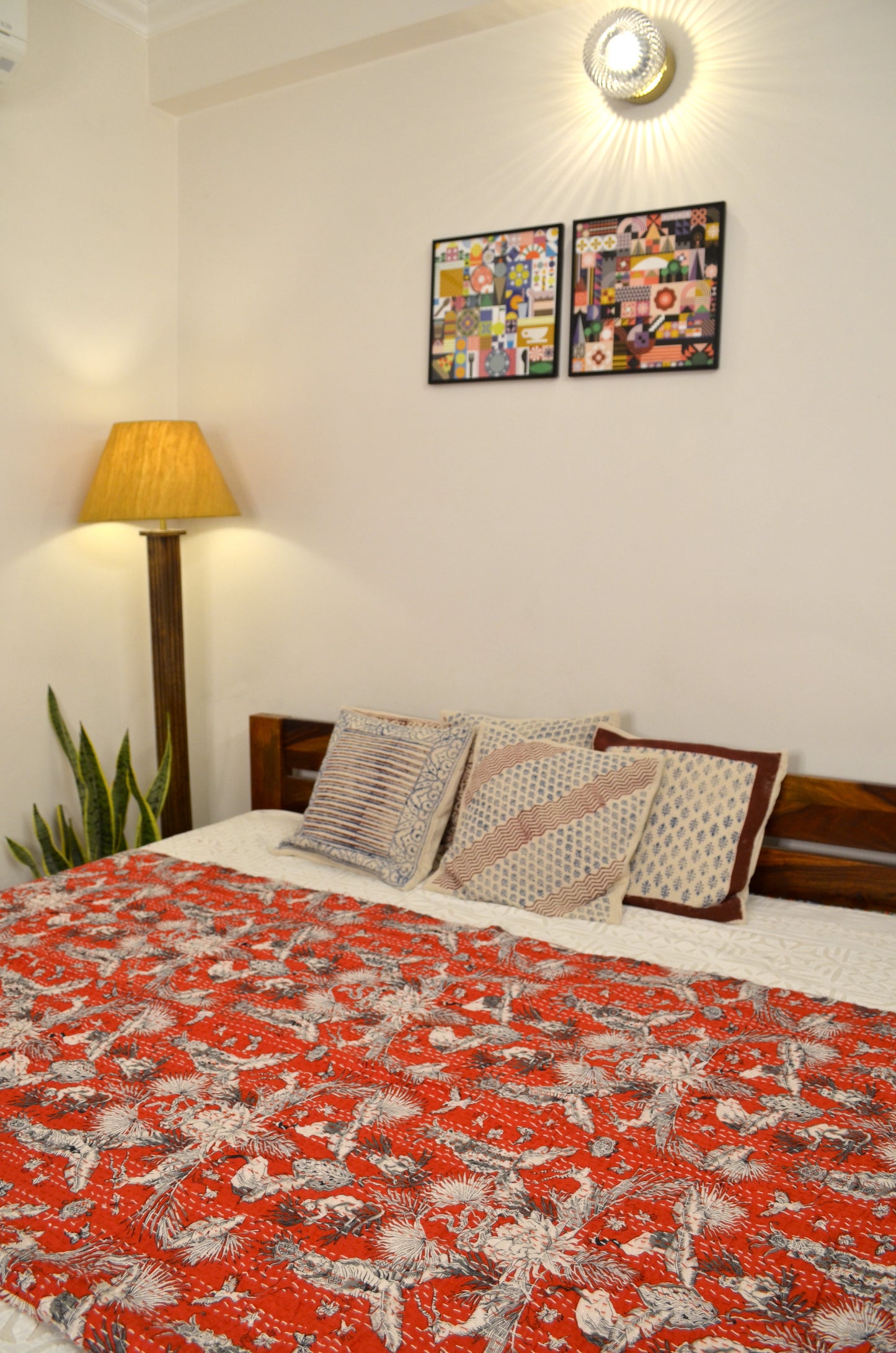Red Jungle Themed Double Bed Queen Hand Embroidered Bedspread/ Dohar