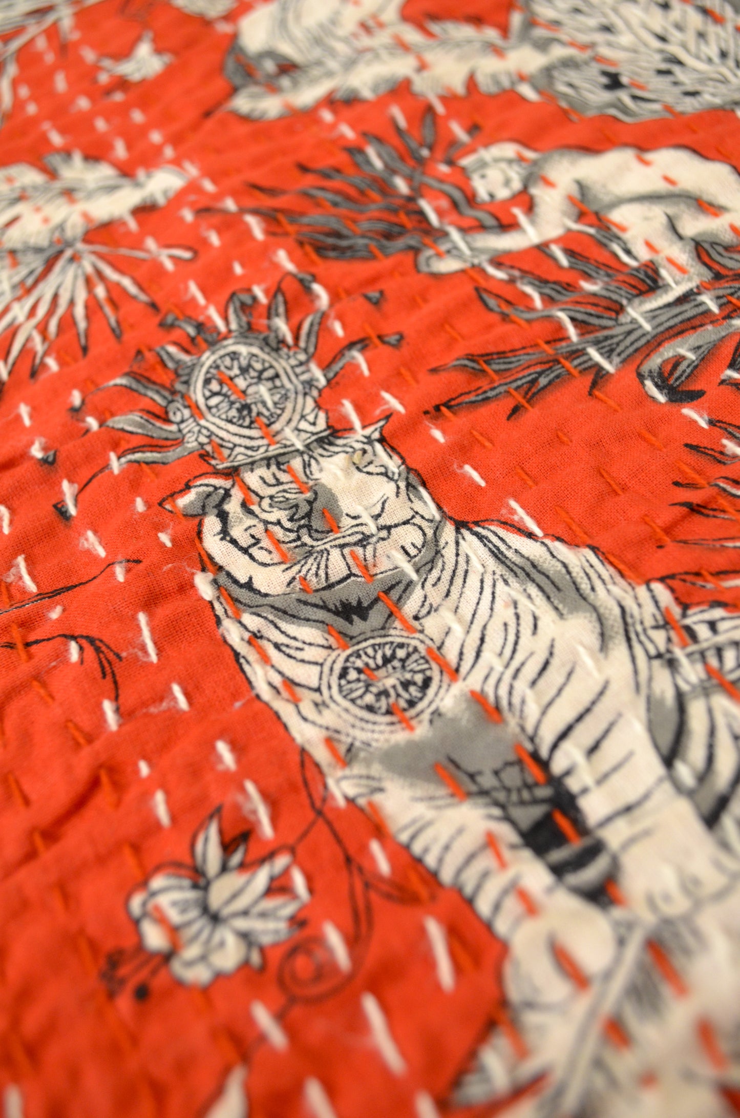 Red Jungle Themed Double Bed Queen Hand Embroidered Bedspread/ Dohar