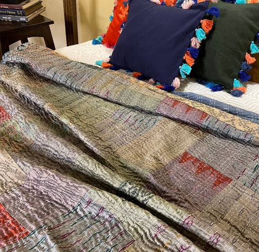 Shades Of Grey Patchwork Hand Embroidered Silk Bedspread