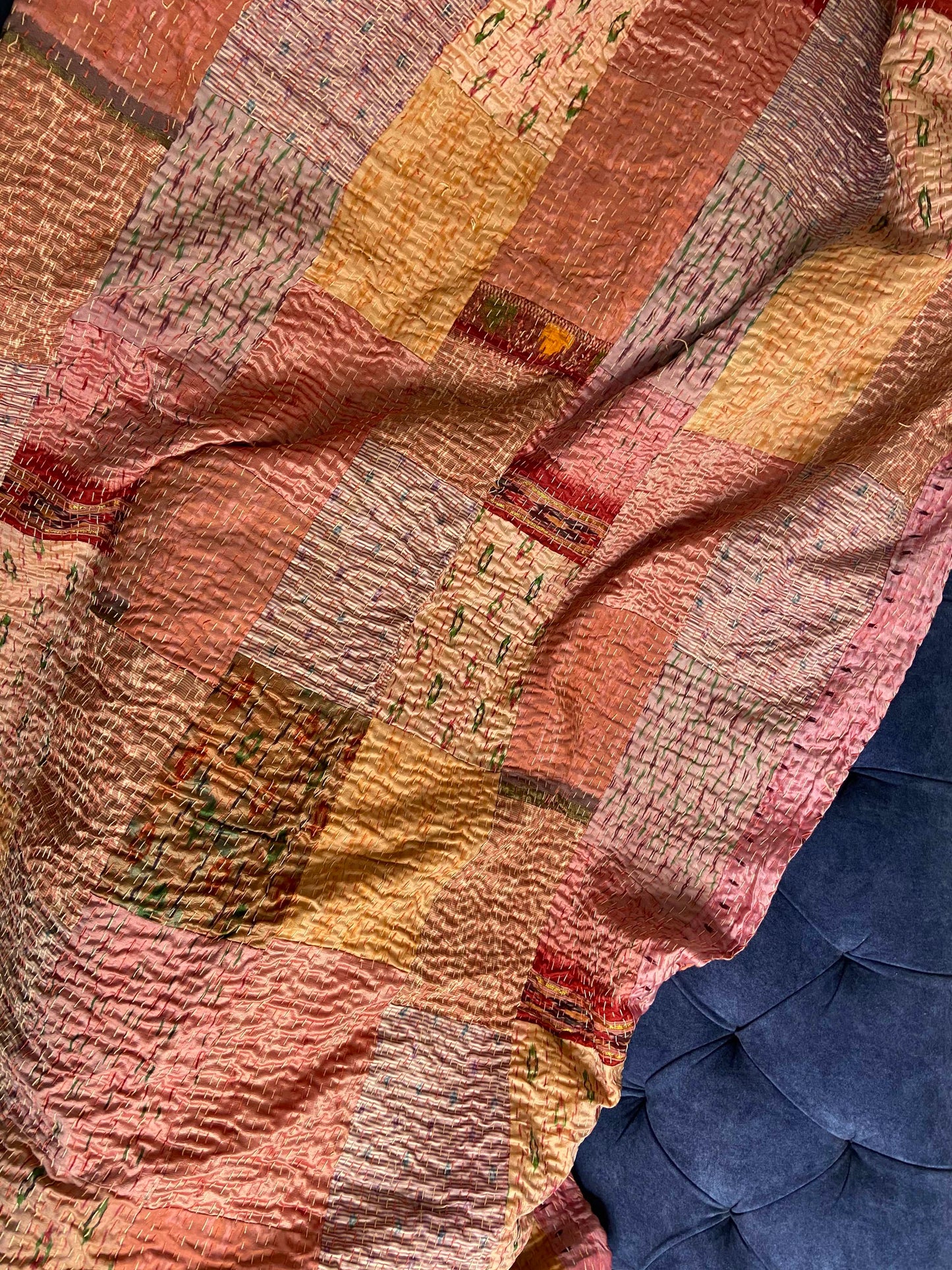 Salmon Pink Patchwork Hand Embroidered Silk Bedspread