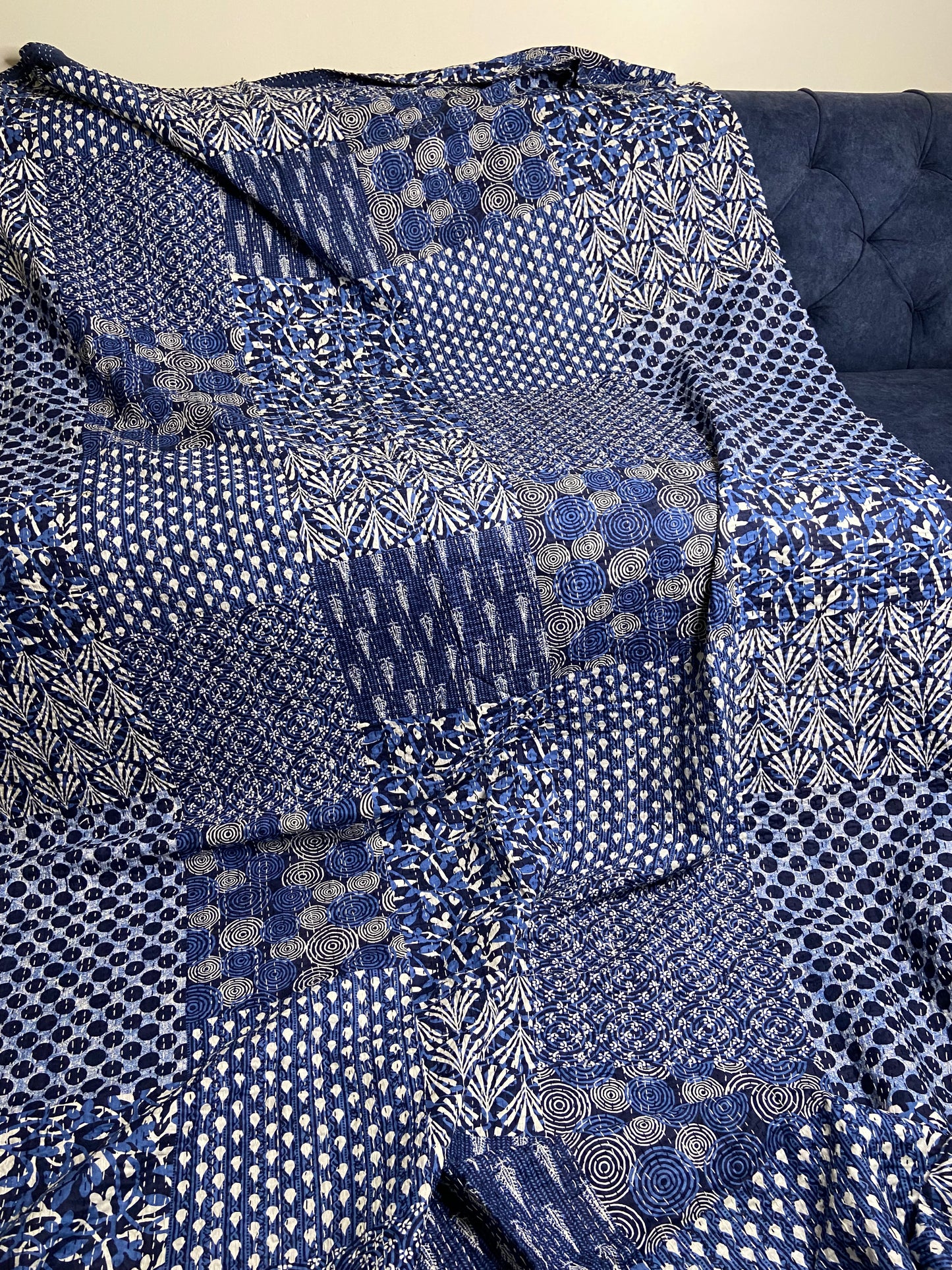 Blue Geometric Embroidered Kantha Bedspread