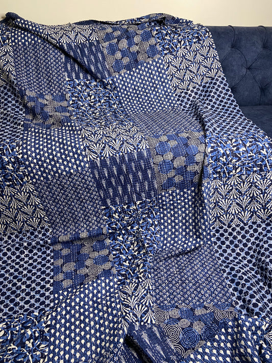 Blue Geometric Embroidered Kantha Bedspread