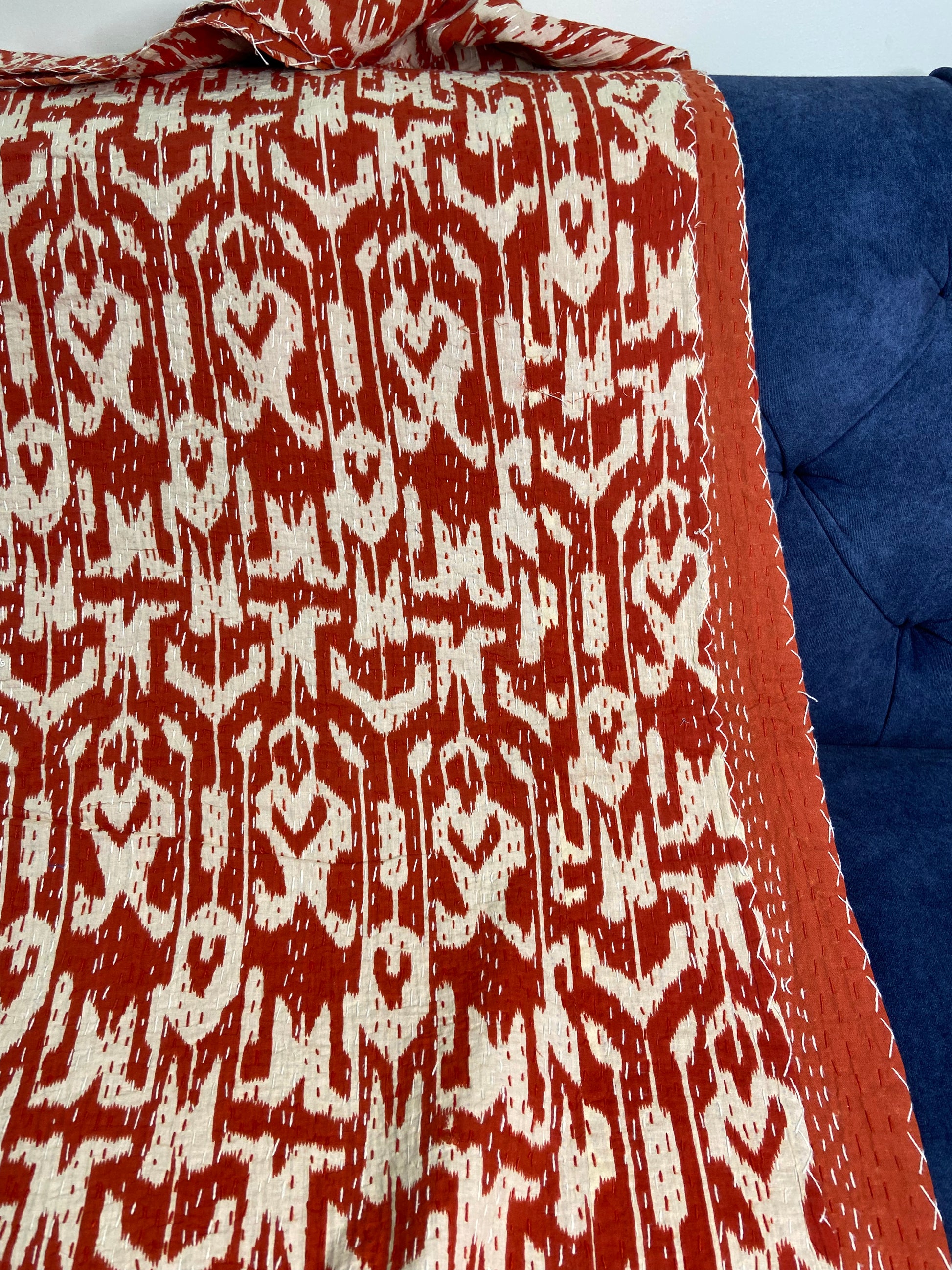 Red Beige Ikat Embroidered Queen Size Kantha Bedspread - Nakhrro