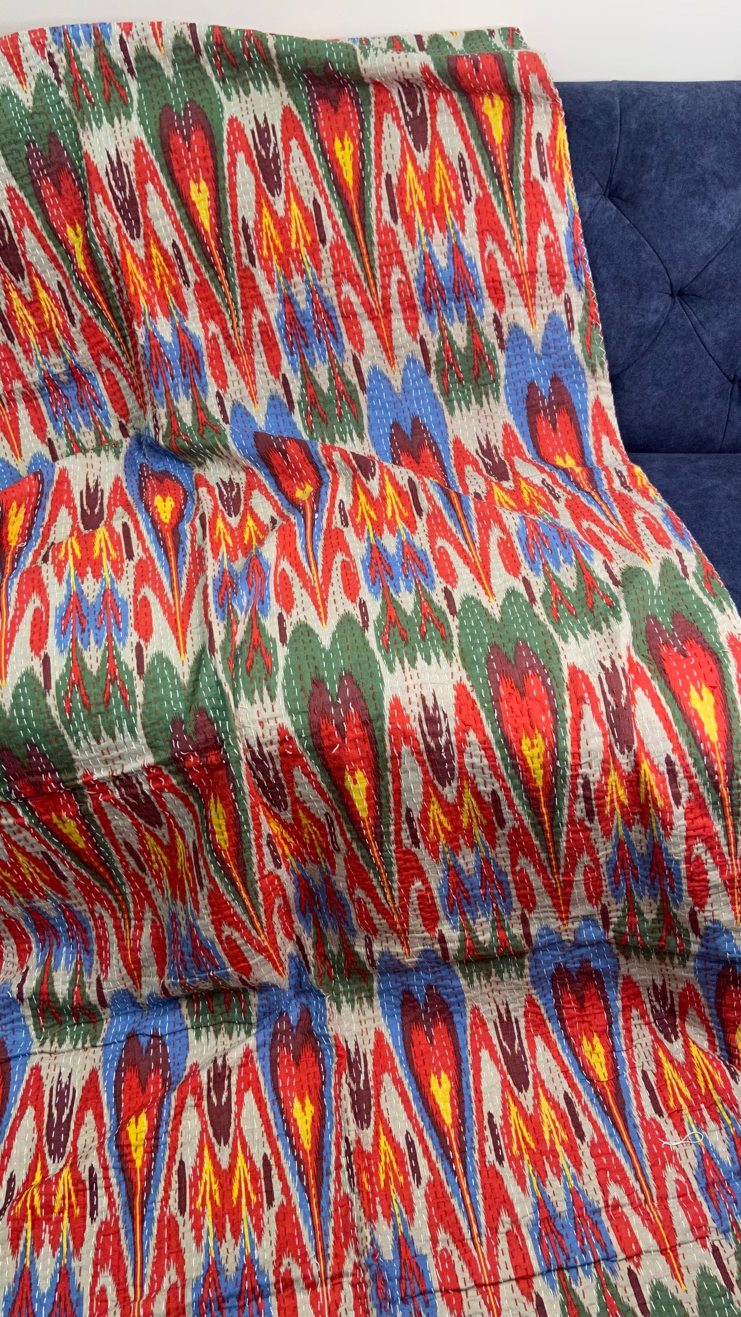 Colourful Ikat Embroidered Queen Size Kantha Bedspread