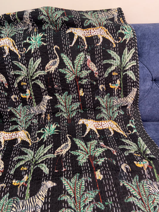 Black Cheetah Jungle Twin Kantha Bedspread