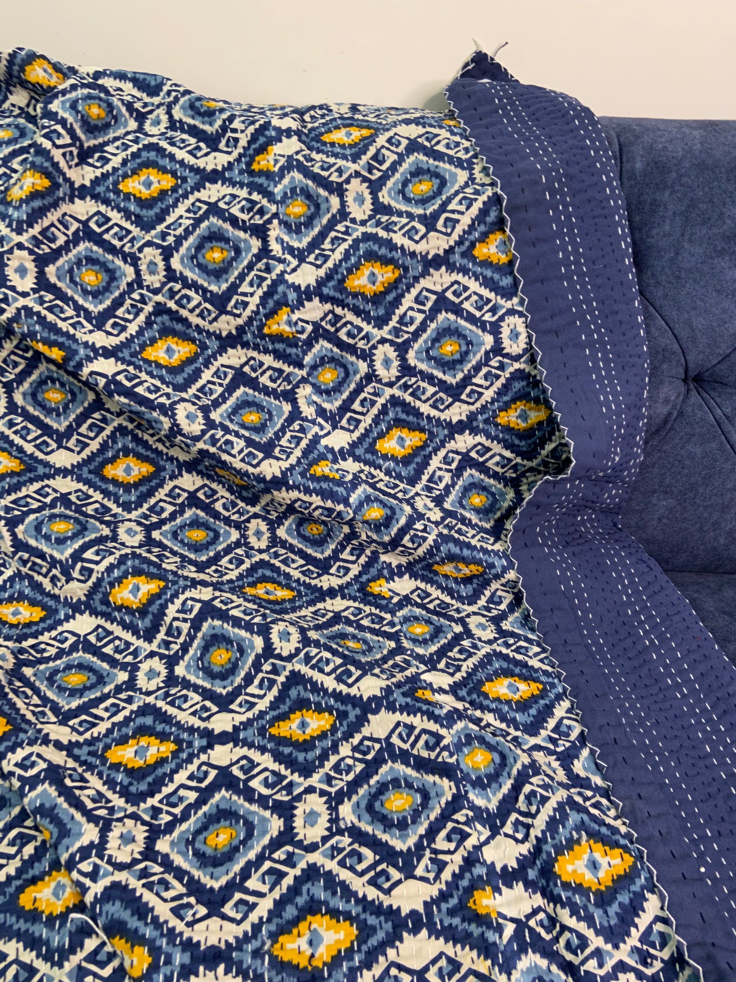 Blue Ikat Twin Kantha Bedspread - Nakhrro