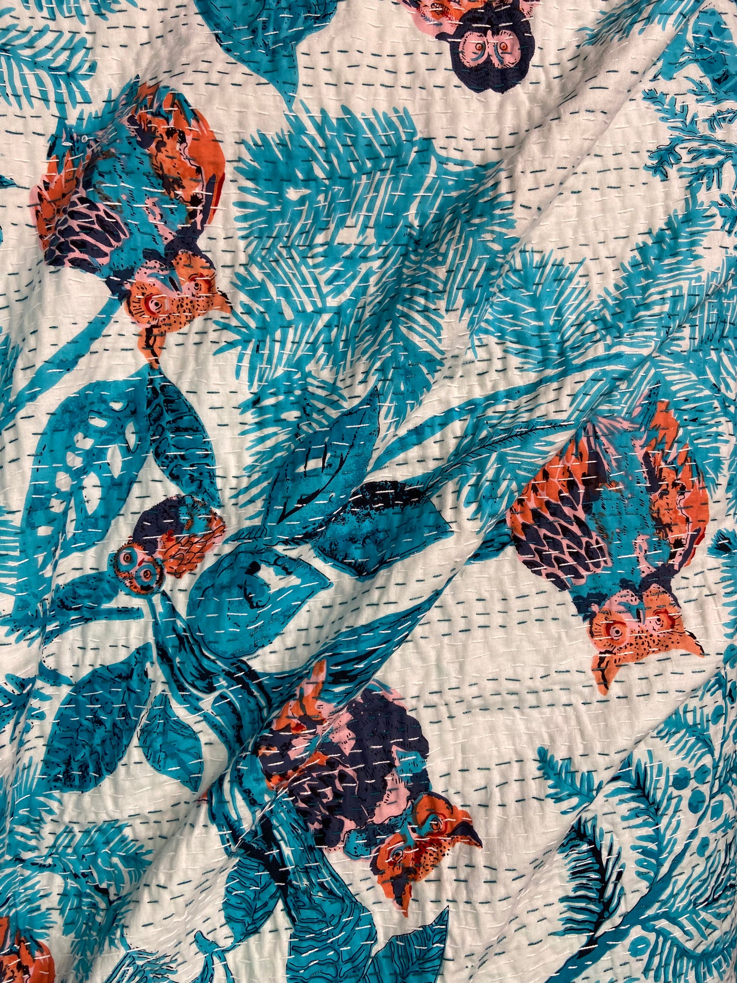 Blue Owl Embroidered Queen Size Kantha Bedspread