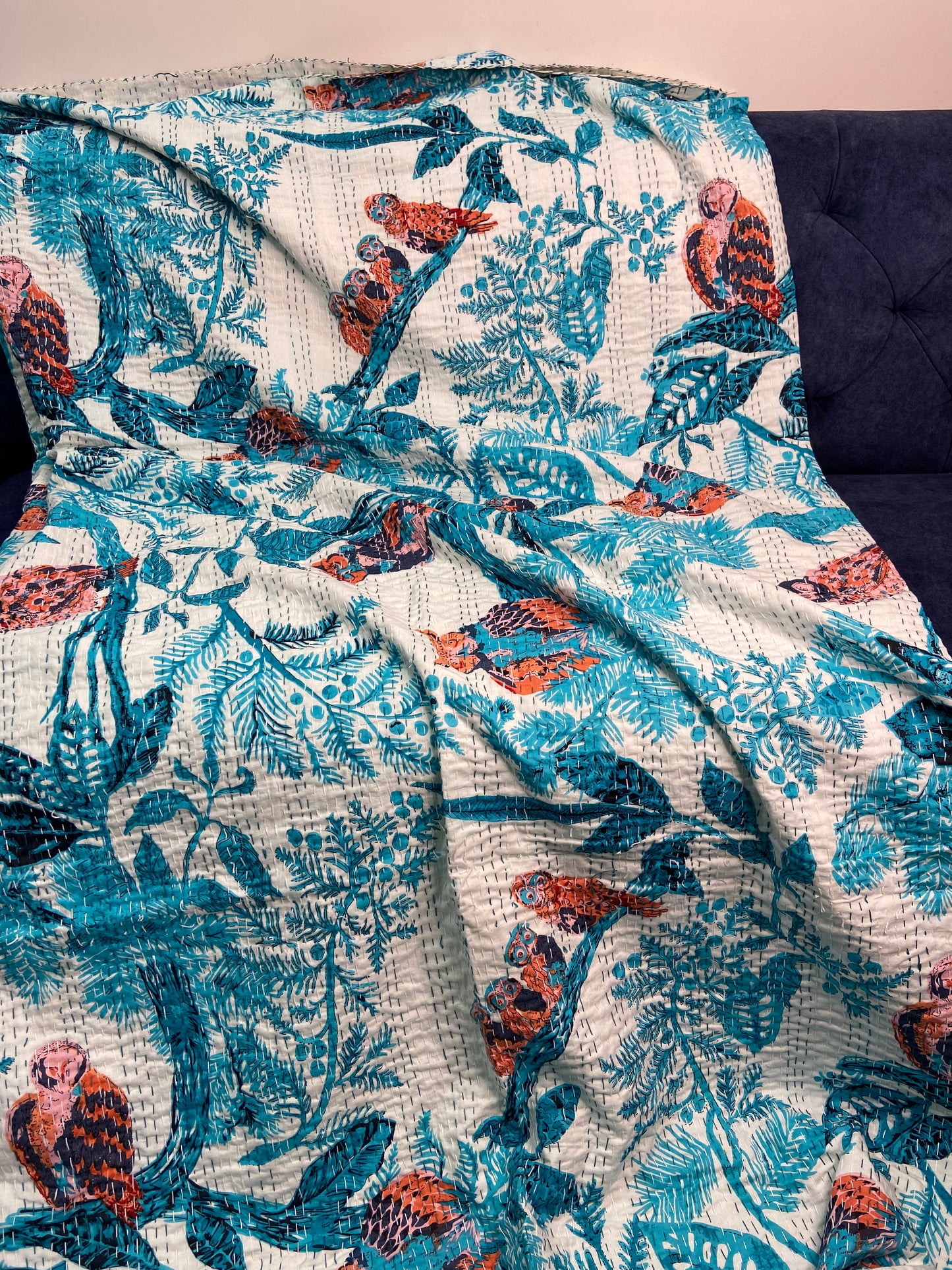 Blue Owl Embroidered Queen Size Kantha Bedspread