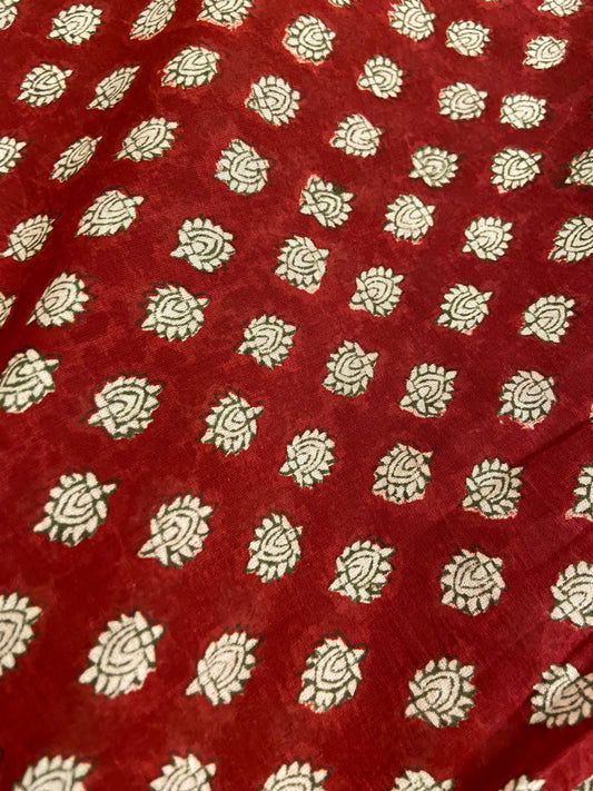 Cherry Red Hand Block Printed Mulmul Cotton Cloth - Nakhrro