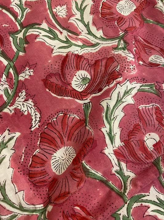 Magenta Floral Hand Block Printed Mulmul Cotton Cloth - Nakhrro