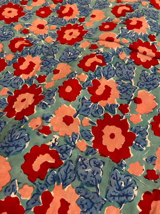 Blue Red Spring Florals Hand Block Printed Mulmul Cotton Cloth - Nakhrro