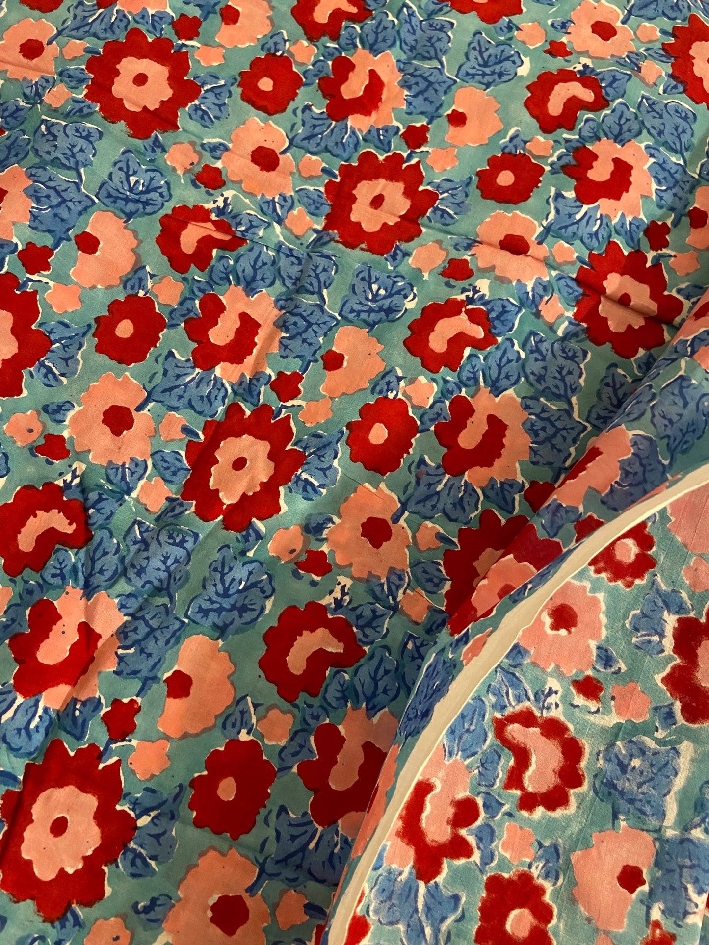 Blue Red Spring Florals Hand Block Printed Mulmul Cotton Cloth - Nakhrro