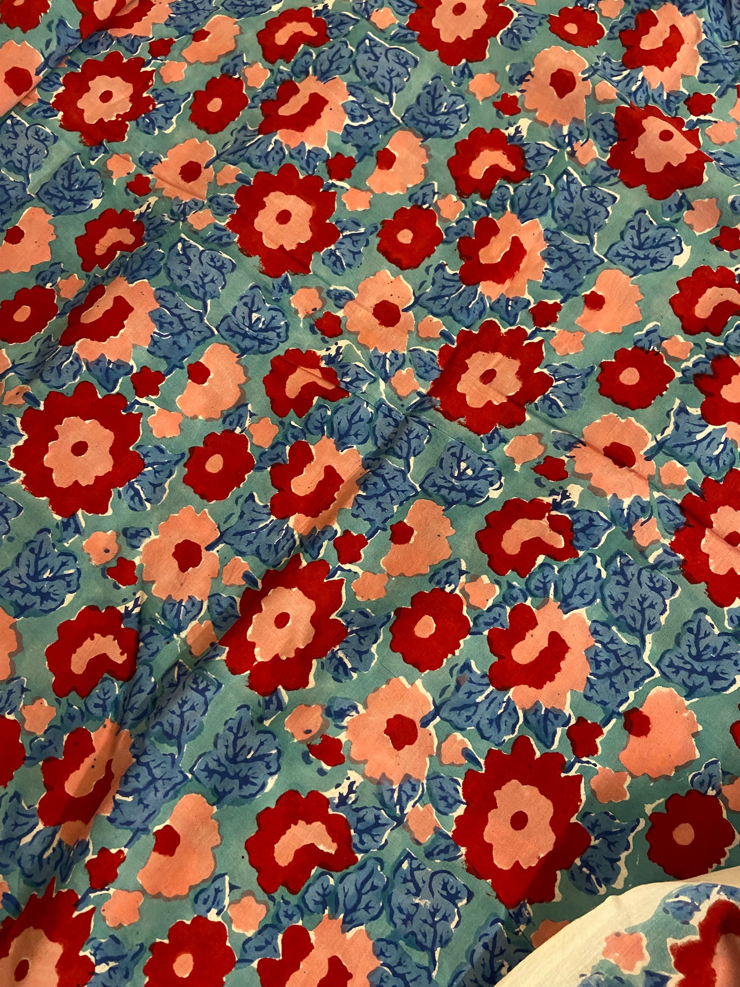 Blue Red Spring Florals Hand Block Printed Mulmul Cotton Cloth - Nakhrro