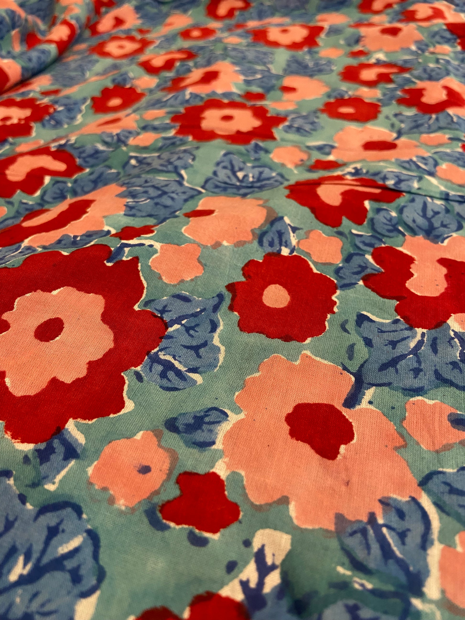 Blue Red Spring Florals Hand Block Printed Mulmul Cotton Cloth - Nakhrro